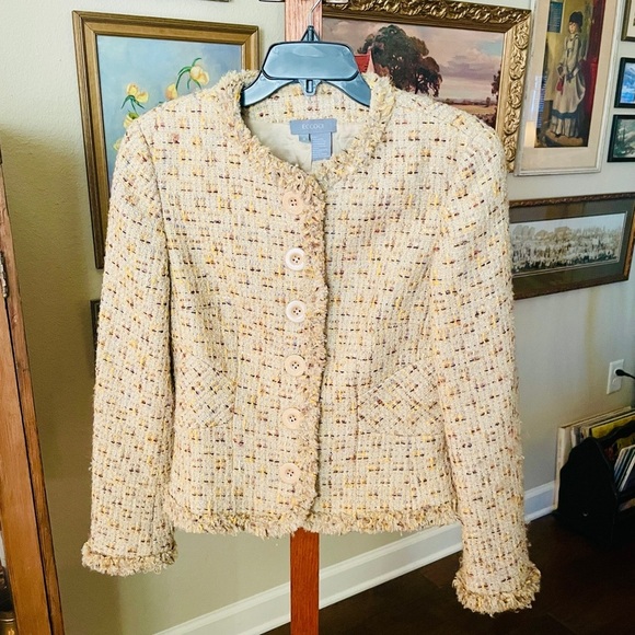 ECCOCI wool cotton mohair blend tweed blazer lined buttons SZ 6 beige yellow - Picture 2 of 9